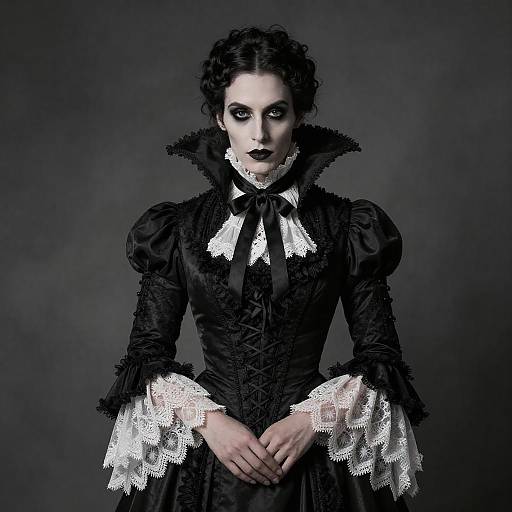 Photograph of a pale-skinned woman with dark curly hair, wearing a black Victorian dress with white lace accents, and black lipstick, standing against a