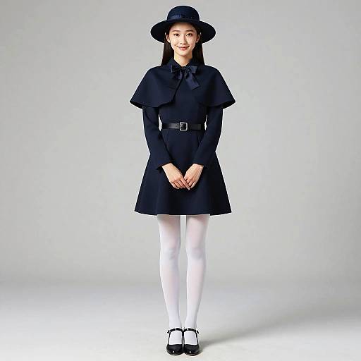 Photograph of a young Asian woman with long black hair, wearing a black hat, black cape dress, white tights, black heels, and a