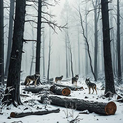 Wolves in Misty Winter Forest