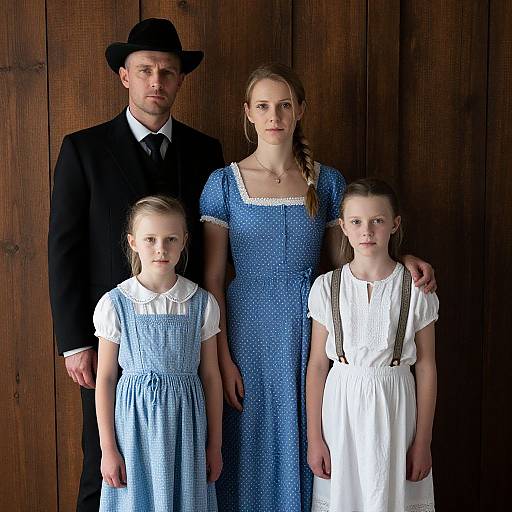 Photograph of a family: stern father in black suit and hat, smiling mother in blue dress, two blonde daughters in blue and white dresses, standing