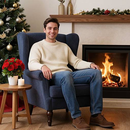 Smiling man in white sweater, blue jeans, brown boots, sits in blue armchair by lit fireplace, decorated Christmas tree, wooden table with red