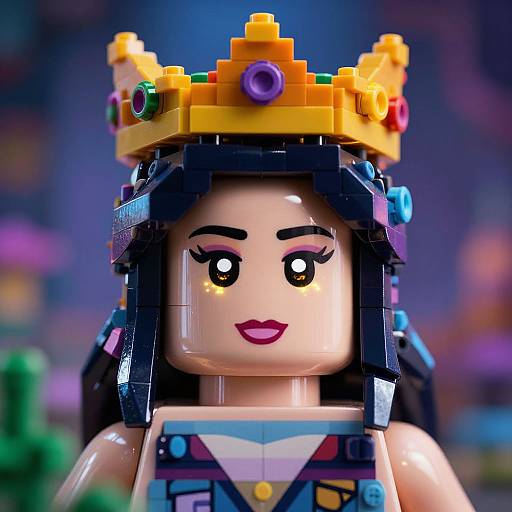 Close-up photograph of a Lego princess with black hair, colorful crown, and red lips, wearing a Wonder Woman-inspired outfit. Background is blurred with colorful
