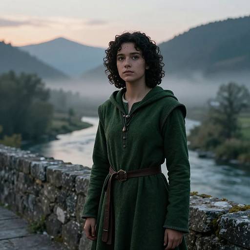 Photograph of a curly-haired, olive-skinned woman in a green, long-sleeved, belted dress standing by a misty river with