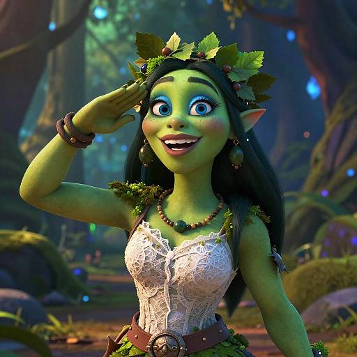 Digital CGI image of a green-skinned, elf-like woman with large blue eyes, black hair, and a leafy crown, saluting in a