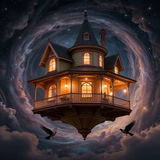 Fantastical floating Victorian house with glowing windows, surrounded by a swirling cosmic sky, and two black birds flying below. Digital art.