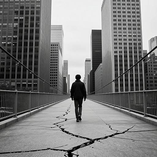 Black-and-white photograph of a lone figure in a dark coat walking on a cracked, narrow urban bridge between tall skyscrapers.