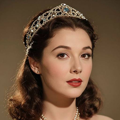Photograph of a fair-skinned woman with red lipstick, dark wavy hair, wearing a sparkling tiara and pearl necklace, against a neutral background