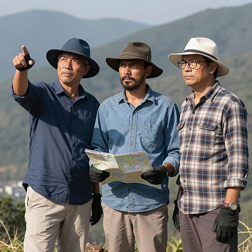 Three Men Exploring Mountainous Landscape