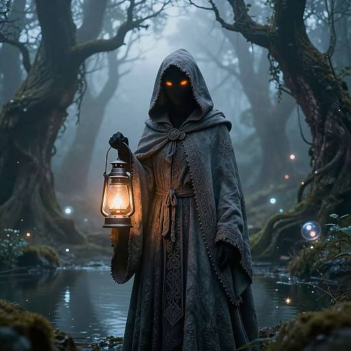 Mystical Hooded Figure in Enchanted Forest