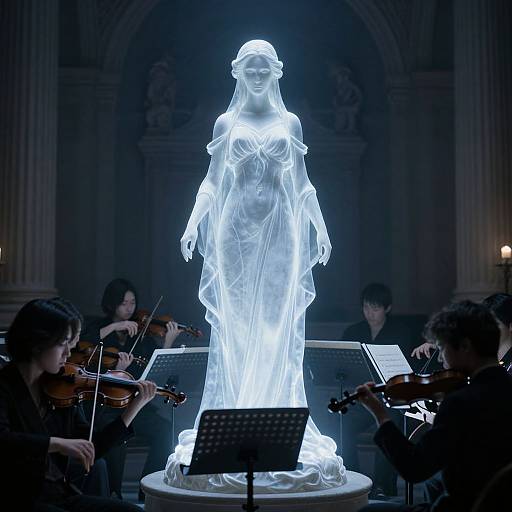 Photograph of a glowing, translucent statue of a robed woman illuminated on a stage, surrounded by violinists playing in a dimly lit, orn