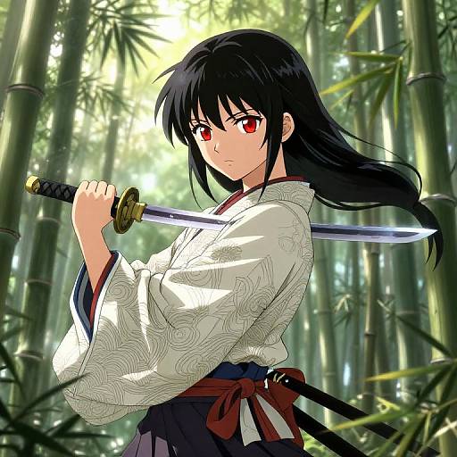 Anime-style digital drawing of a determined young woman with long black hair, red eyes, holding a katana in a bamboo forest. She wears a white
