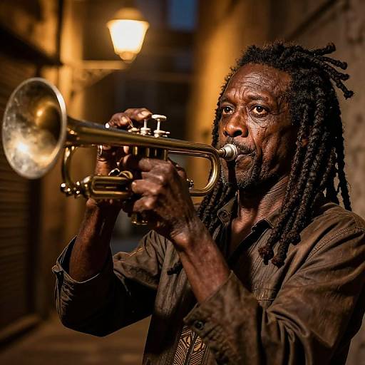 Photograph of an African-American man with dreadlocks playing a brass trumpet on a dimly lit, narrow street at night. Warm street lamp glows