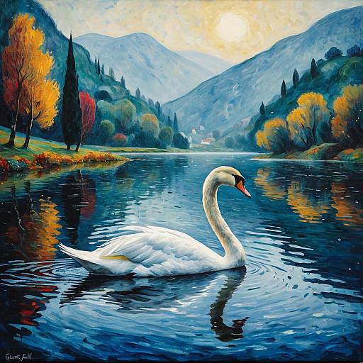 Fauvist Swan Gliding Through Misty Valley