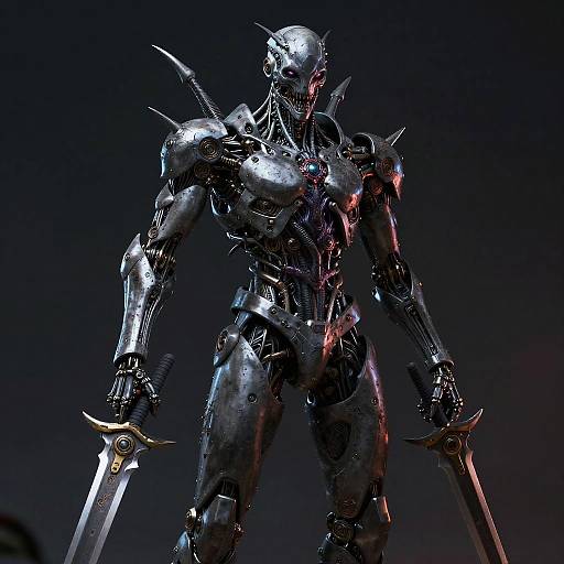 Photorealistic CGI of a menacing, metallic, humanoid robot warrior with sharp spikes, holding two swords, illuminated by red and blue lights against a dark