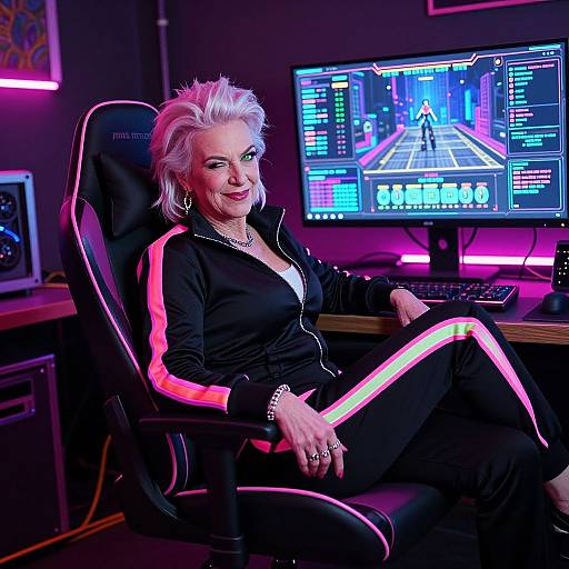 Photograph of a silver-haired woman in a black tracksuit with neon pink stripes, sitting in a gaming chair, in front of a vibrant, neon
