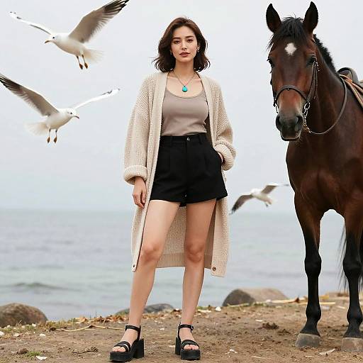 Photograph of a young woman with dark hair in a beige cardigan, gray tank top, black shorts, and black heels, standing beside a brown