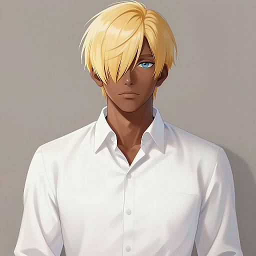Digital anime-style drawing of a handsome, dark-skinned man with blonde hair covering one blue eye, wearing a white button-up shirt.