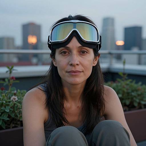 Photograph of a middle-aged woman with long dark hair, wearing black goggles and a grey tank top, sitting on a rooftop with city skyline and blurred