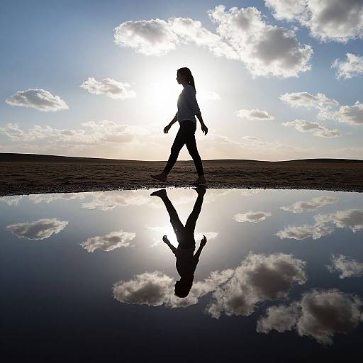 Silhouetted woman walking on a beach at sunset, reflected in a calm puddle, with scattered clouds in the sky. Photographic silhouette.