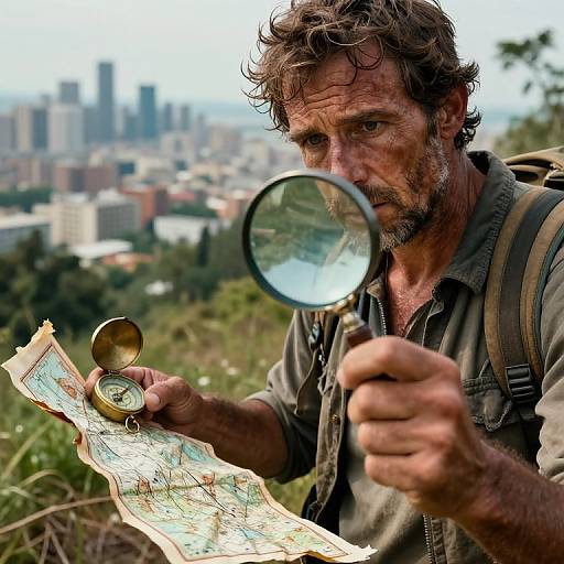 Photograph of a rugged, bearded man with tousled hair, wearing a dirty shirt and backpack, using a magnifying glass to study a map