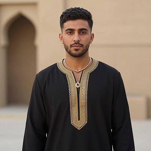Photograph of a young Middle Eastern man with short black hair and trimmed beard, wearing a black traditional thobe with intricate gold embroidery, standing in front