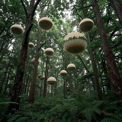 Photograph of a forest with tall trees and hanging, spherical, textured orbs suspended at various heights, creating an ethereal, surreal atmosphere.