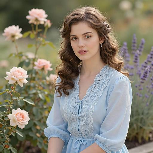 Photograph of a beautiful young woman with wavy brown hair, wearing a light blue lace blouse, standing in a blooming garden with pink roses and