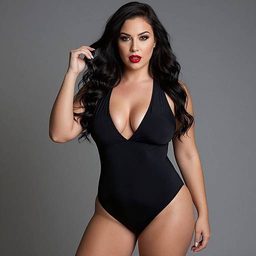 Confident Curvy Woman in Black Swimsuit