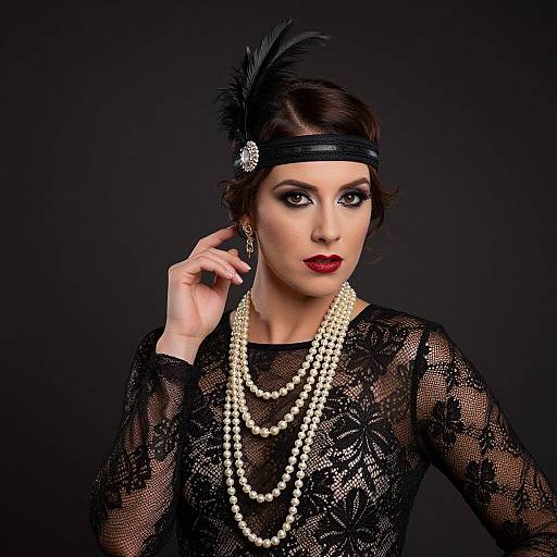 Photograph of a fair-skinned woman with dark hair, wearing a black lace top, pearl necklaces, black headband with feather, and red