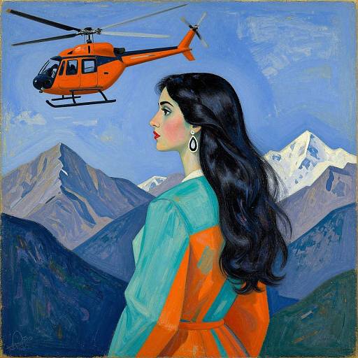 Digital painting of a fair-skinned woman with long black hair, red lipstick, and turquoise earrings, in an orange dress, looking at an orange helicopter