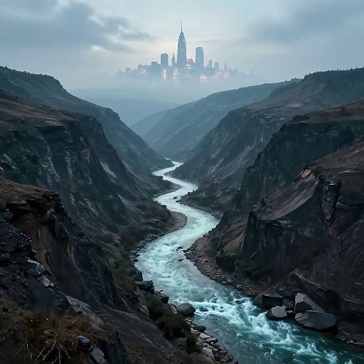Photograph of a rugged, mountainous valley with a turquoise river flowing through, leading to a misty, futuristic city skyline in the distance.