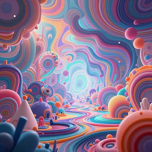 Bright, surreal digital artwork featuring swirling, colorful abstract shapes in pink, blue, orange, and purple, with glowing light at the center.