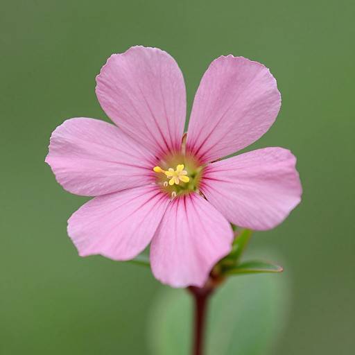 Close-up photograph of a pink five-petaled flower with a yellow center, dark pink veins, and a green blurred background.