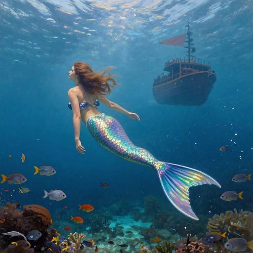 Photograph of a shimmering mermaid with long brown hair, iridescent tail, swimming towards an old shipwreck in a vibrant underwater coral