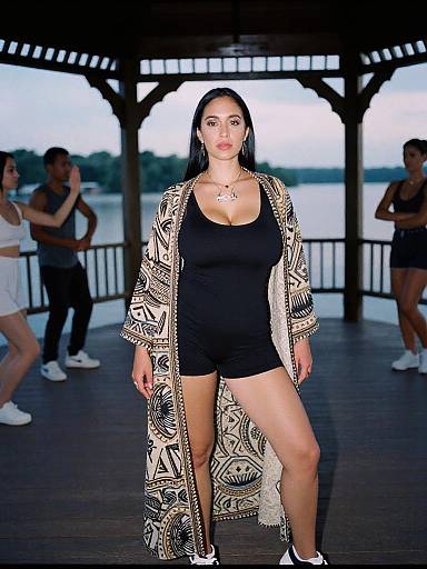 Photograph of a confident woman with long black hair, wearing a black tank top, black shorts, patterned kimono, and white sneakers, standing