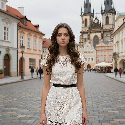 Young Woman in White Lace Dress on Historic European Street