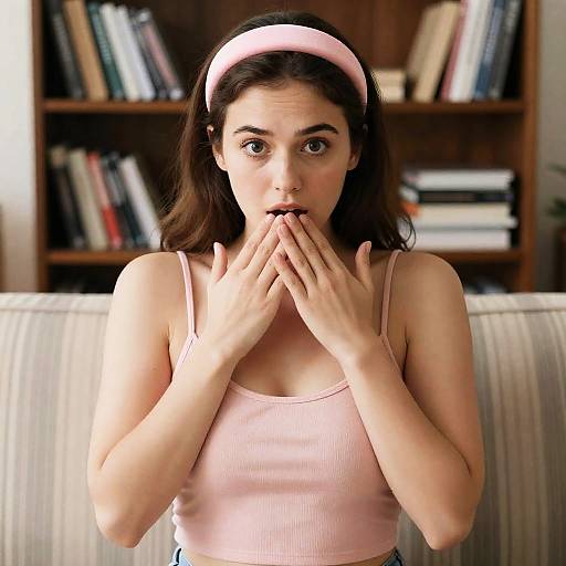 Surprised Woman in Cozy Living Room