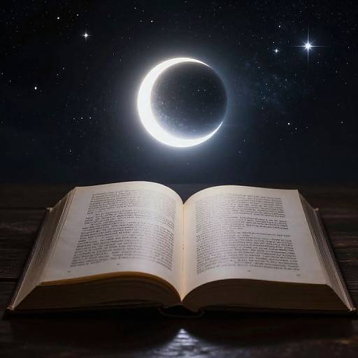 Photograph of an open book with illuminated text, beneath a glowing crescent moon and starry night sky.
