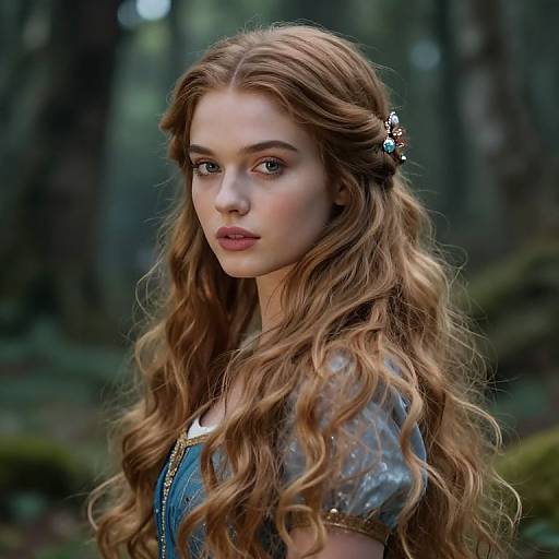 Photograph of a fair-skinned, blue-eyed young woman with long, wavy auburn hair adorned with a small flower, wearing a blue