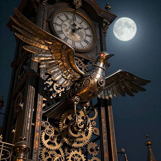 Steampunk clock tower with a golden mechanical bird with red eyes and outstretched wings, surrounded by gears, under a full moon.
