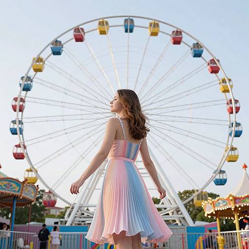 Photograph of a woman in a pink and blue pleated dress standing in front of a colorful Ferris wheel at a fair.
