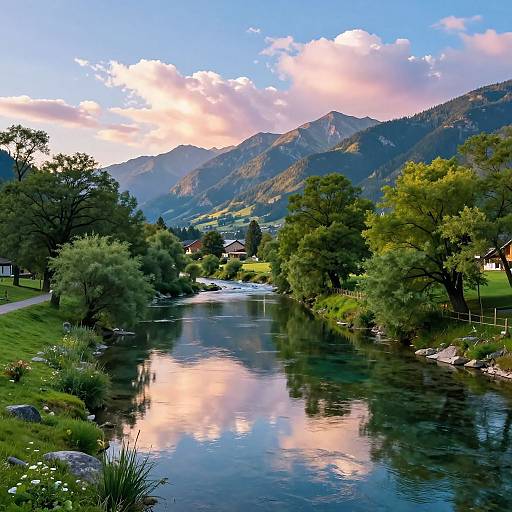 Photograph of a serene mountain landscape at sunset, featuring a reflective river, green trees, and a small village nestled between lush hills.