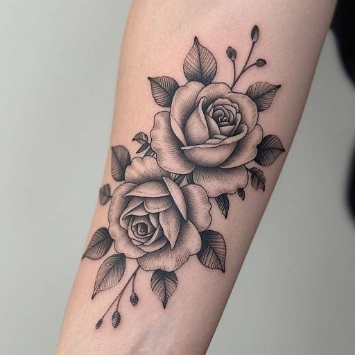 Black and gray tattoo of realistic roses with leaves and buds on a person's forearm. Intricate shading and detailed petals. Photographic realism style.