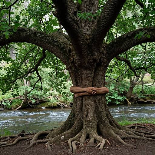 Photograph of a person's arms and hands, brown-skinned, bound to a large tree trunk with broad roots, in a lush, green forest