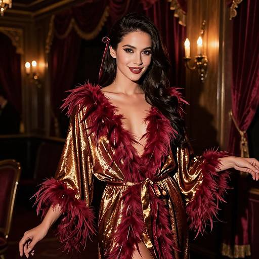 Photograph of a smiling woman with long black hair, wearing a shimmering gold robe with deep red feather trim, in an opulent, darkly