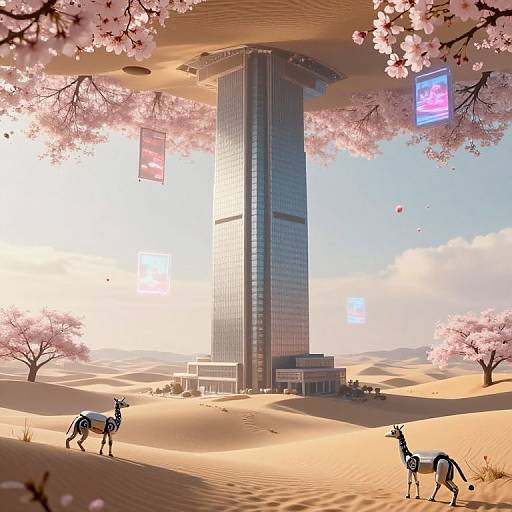 Digital art of a futuristic skyscraper surrounded by sandy desert with pink cherry blossoms, two antelopes grazing, and neon signs.