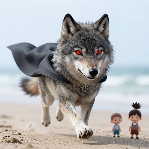 CGI image of a fierce gray wolf with red eyes, wearing a black cape, running on a sandy beach with two cartoon children in the background.