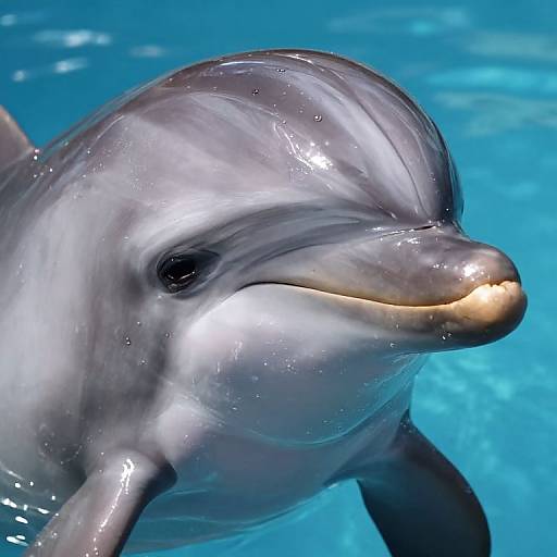 Photograph of a sleek, glossy dolphin with a smiling expression, wet skin, and bright blue water background, capturing its playful demeanor.