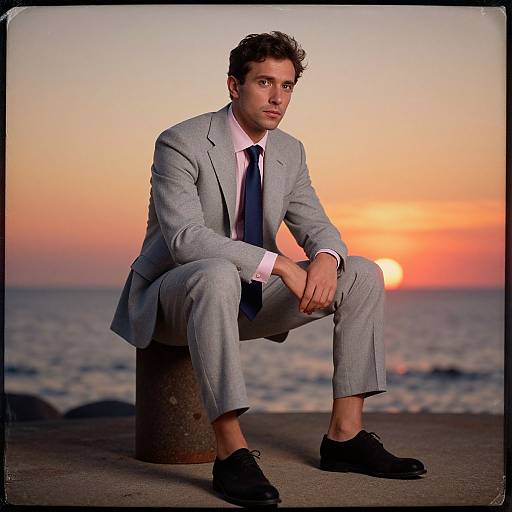 Photograph of a handsome man with curly brown hair, in a light gray suit, black tie, and black shoes, squatting on a beach at