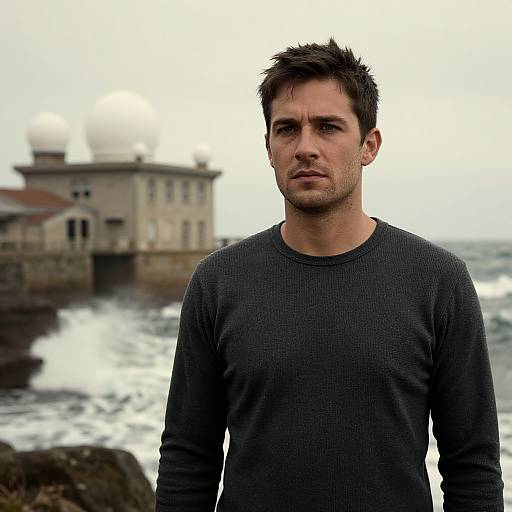 Photograph of a serious, short-haired man in a dark gray sweater standing by a stormy sea with a blurred lighthouse in the background. Over